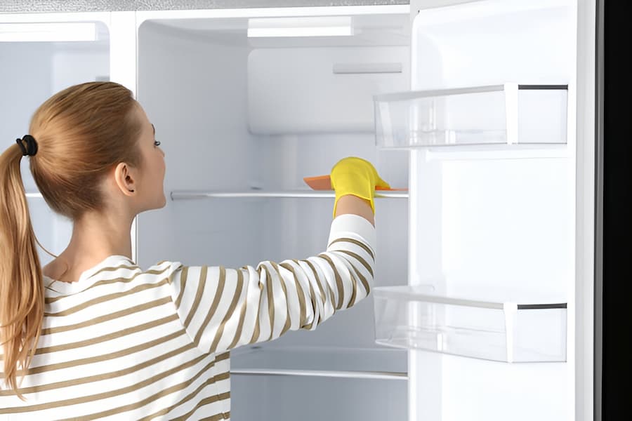 A woman is diligently cleaning the interior of an open refrigerator, including the freezer door