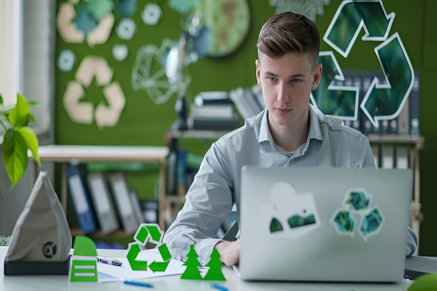 A man working at a desk with a laptop, featuring recycling symbols, highlighting technology's impact on waste management